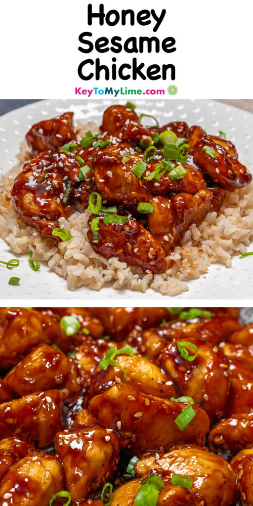 A Pinterest pin image with a picture of honey sesame chicken, with title text at the top.