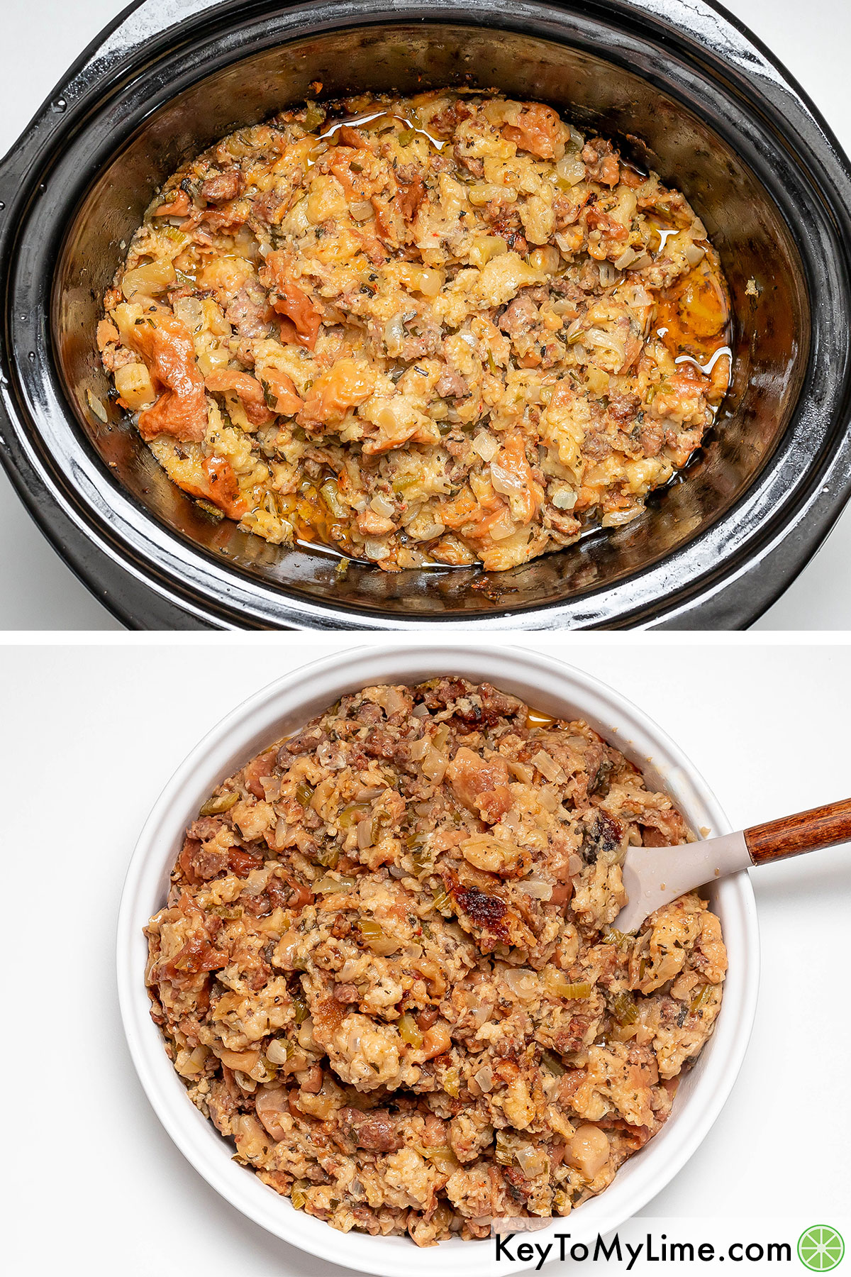 Mixing the stuffing together then transferring to a serving dish.
