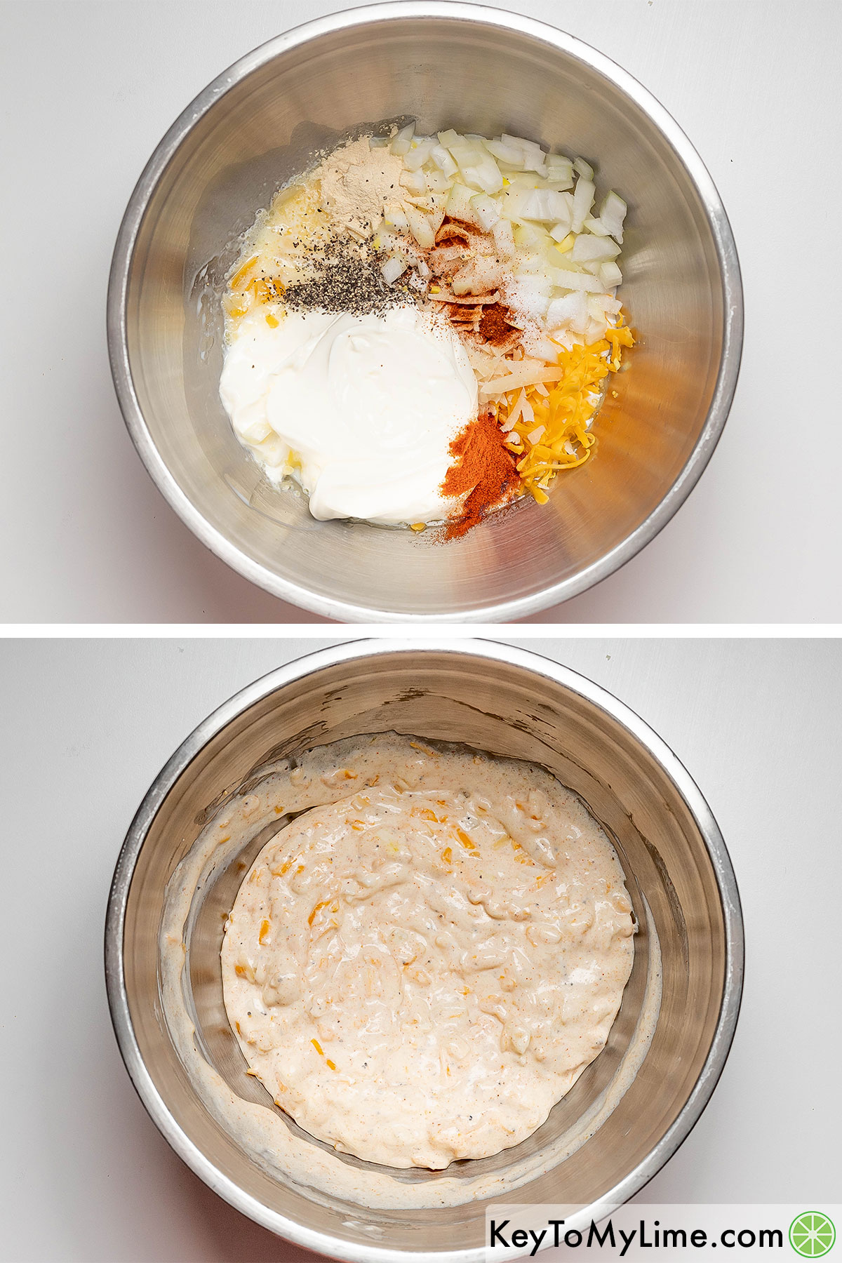 Mixing together melted butter, sour cream, cheddar cheese, parmesan cheese, milk, onion, and seasonings in a large mixing bowl.