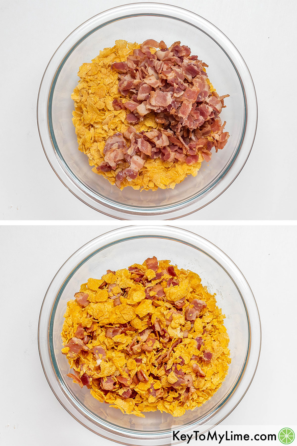 Mixing together bacon and cornflakes in a large mixing bowl.