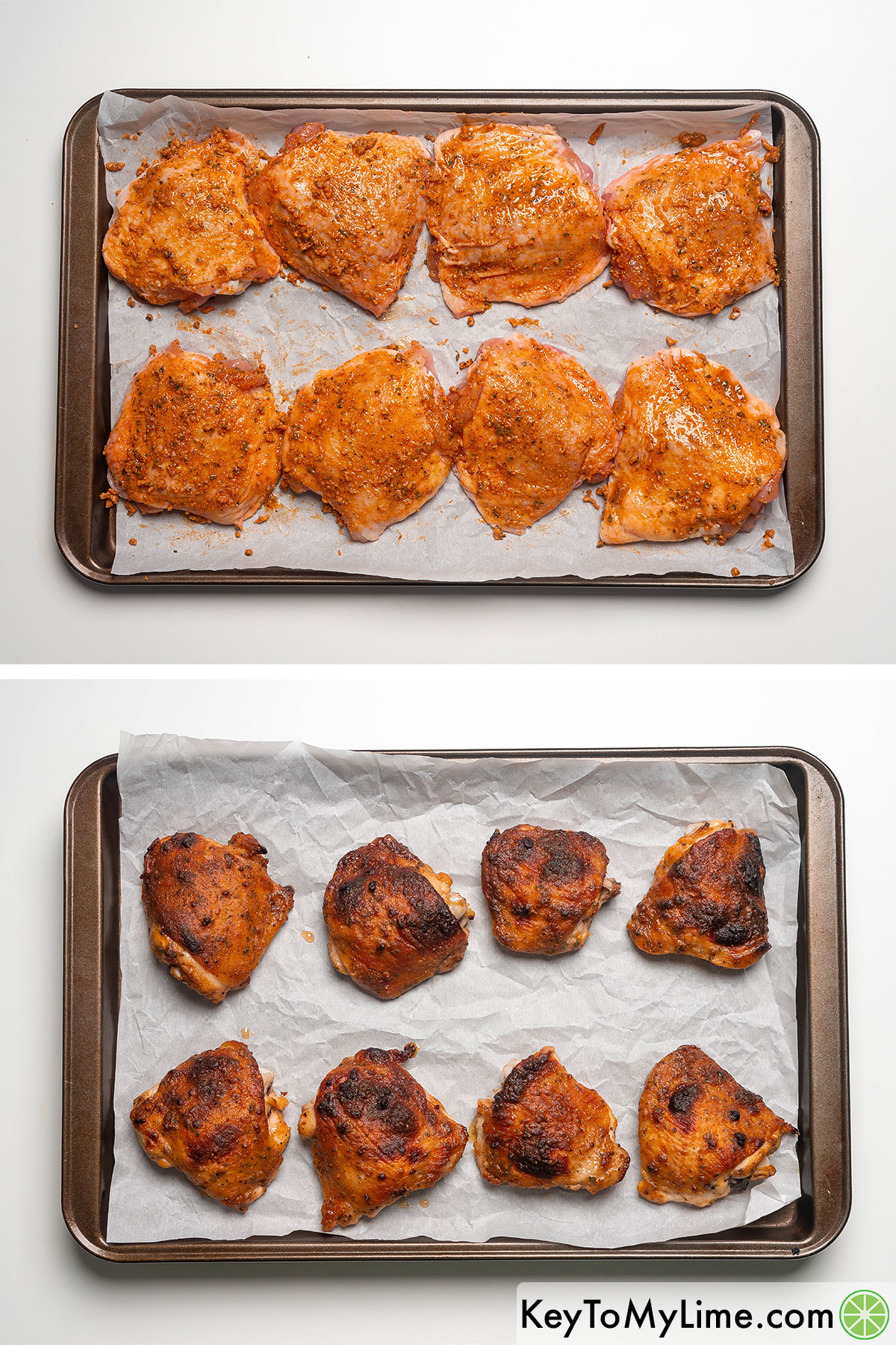 Before and after cooking the chicken thighs.