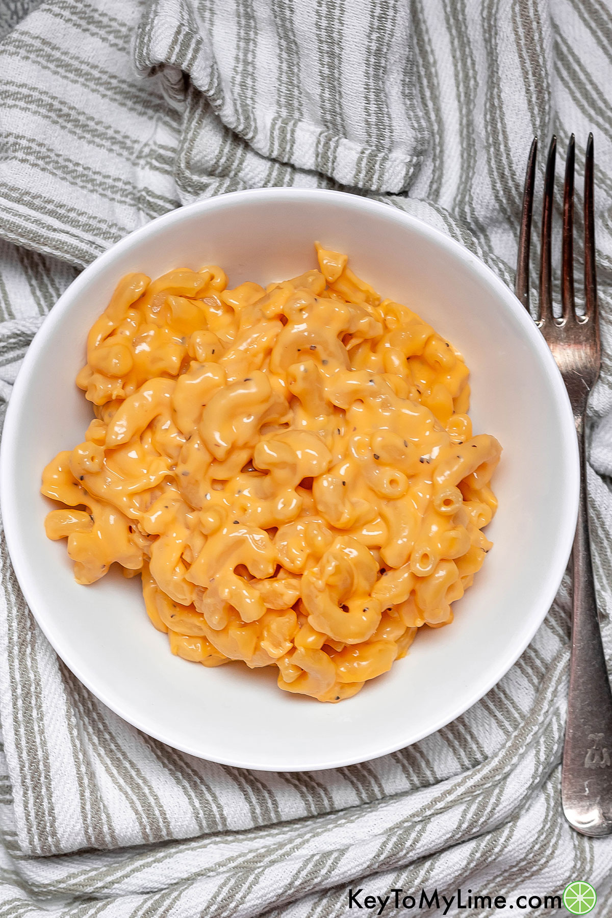 An overhead image of a small serving of creamy mac and cheese with a fork to the side.