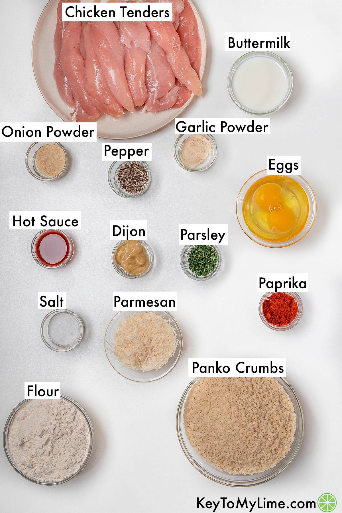 The labeled ingredients for panko chicken tenders.