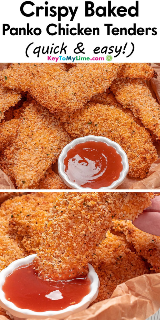 A Pinterest pin image with a picture of panko chicken tenders, with title text at the top.