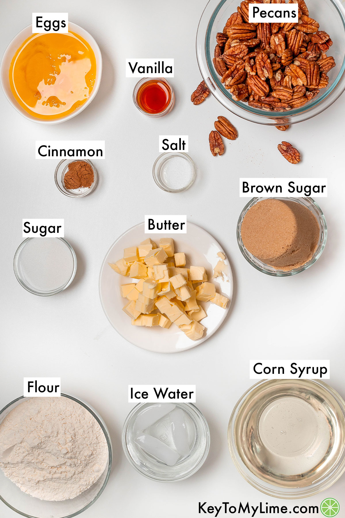 The labeled ingredients for pecan pie cobbler.
