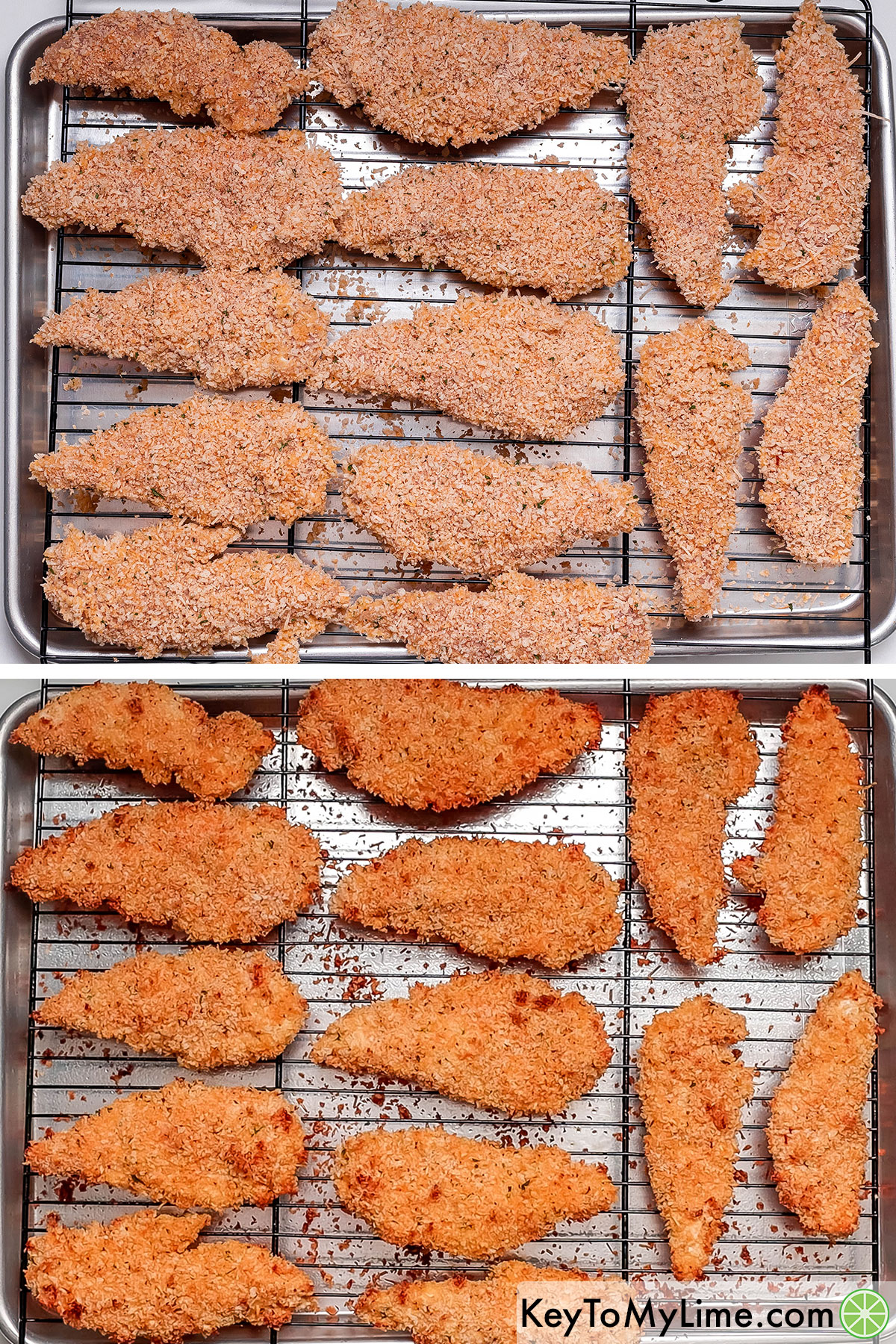 Placing the coated tenders on a wire rack and spraying each tender with cooking oil and then baking in an oven until golden brown.