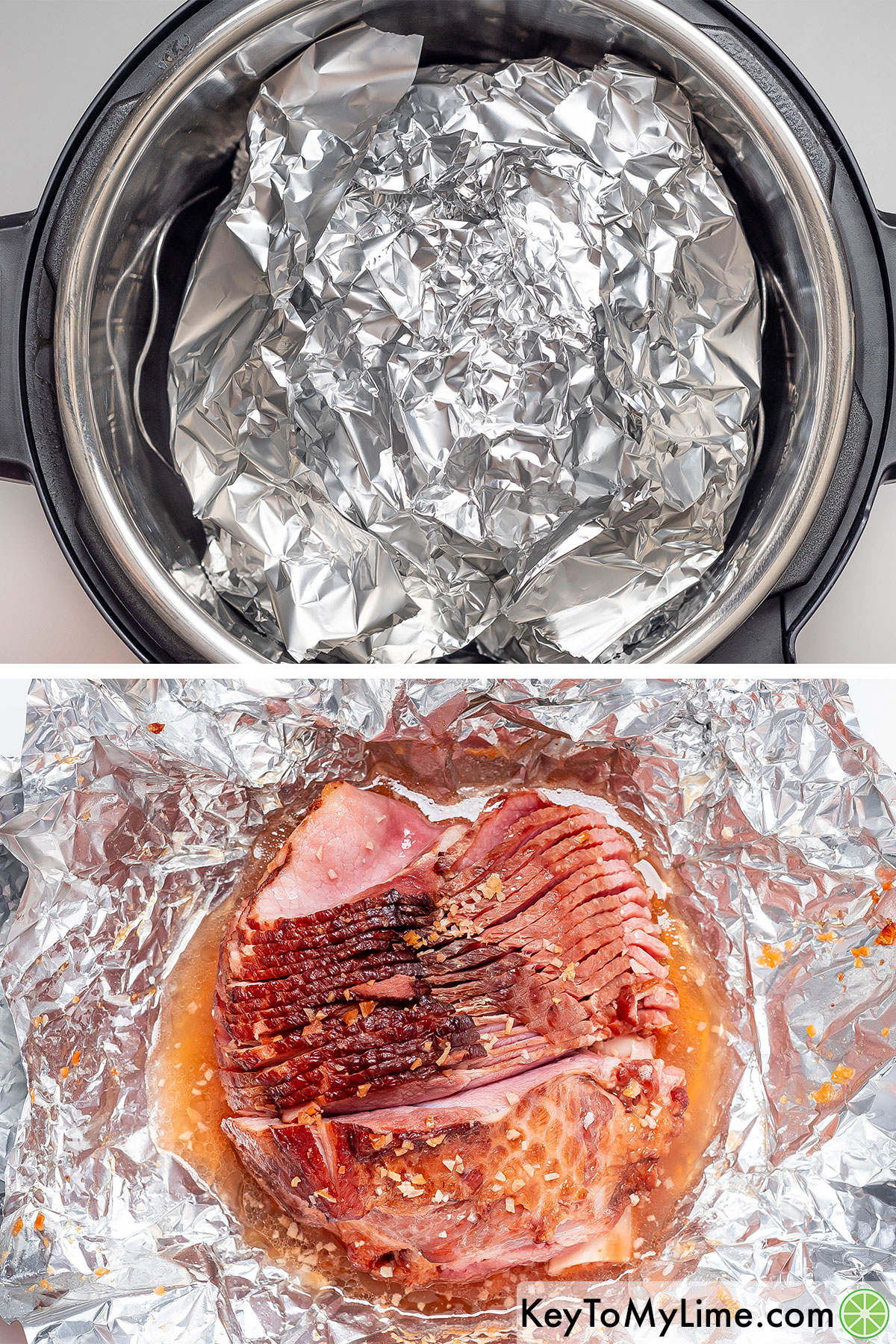 Placing the wrapped ham into the Instant Pot and then cooking.