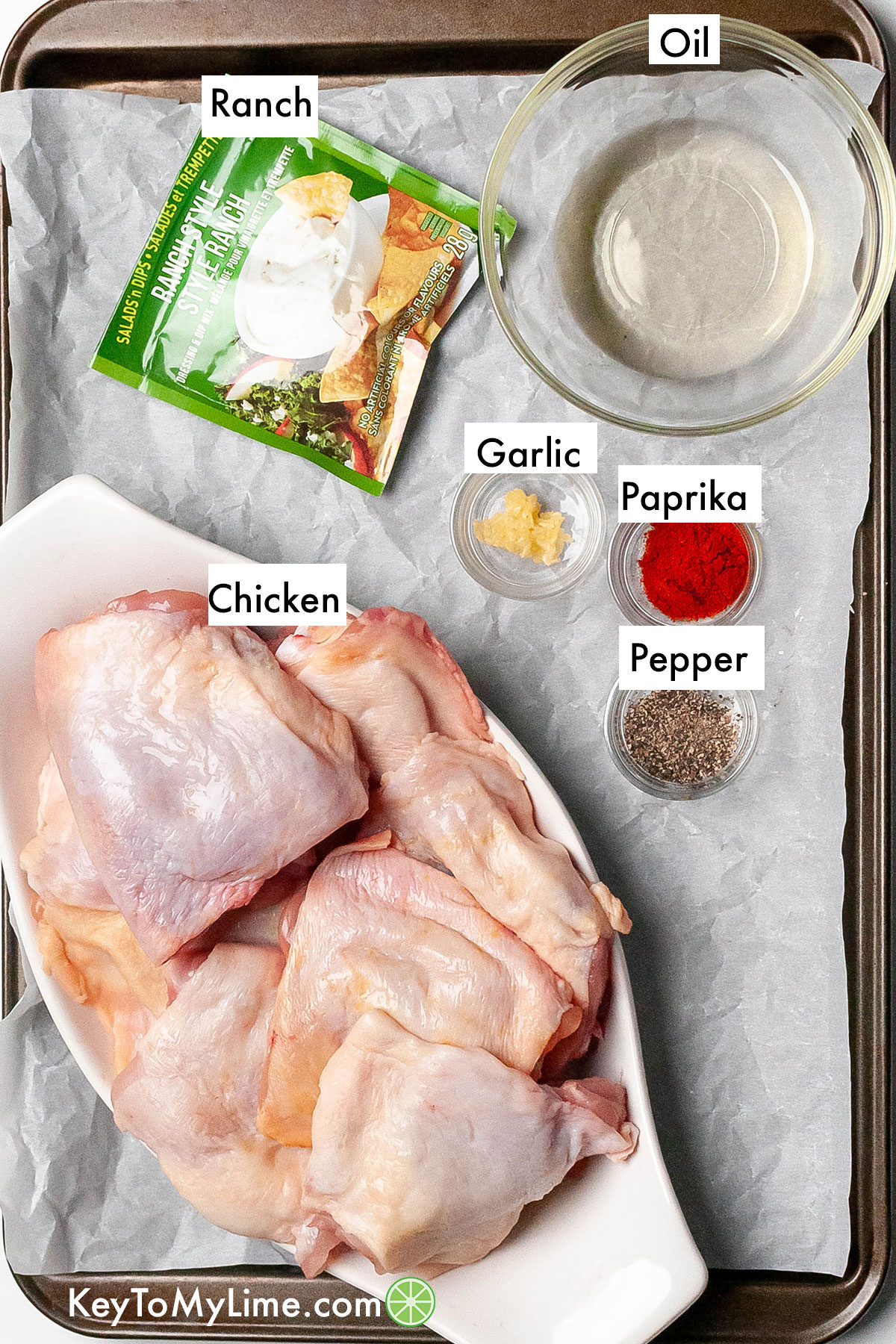 The labeled ingredients for ranch chicken thighs.