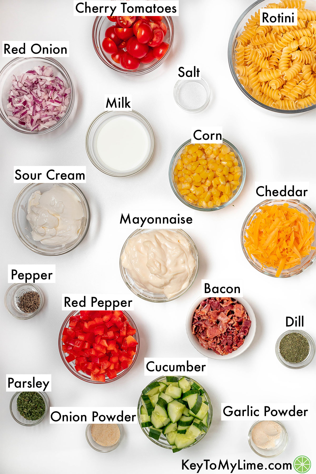 The labeled ingredients for ranch pasta salad.