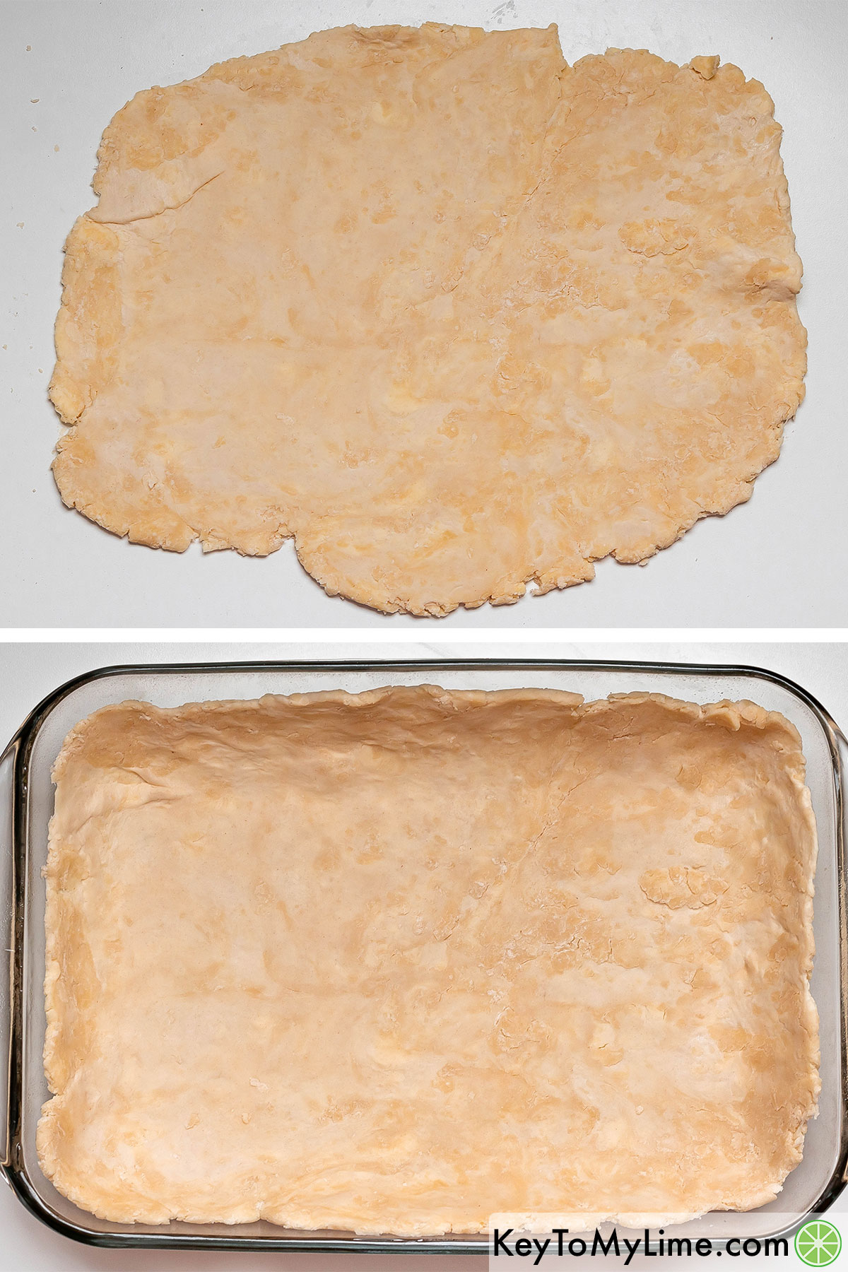 Rolling the chilled dough out then placing the crust in a greased casserole dish.