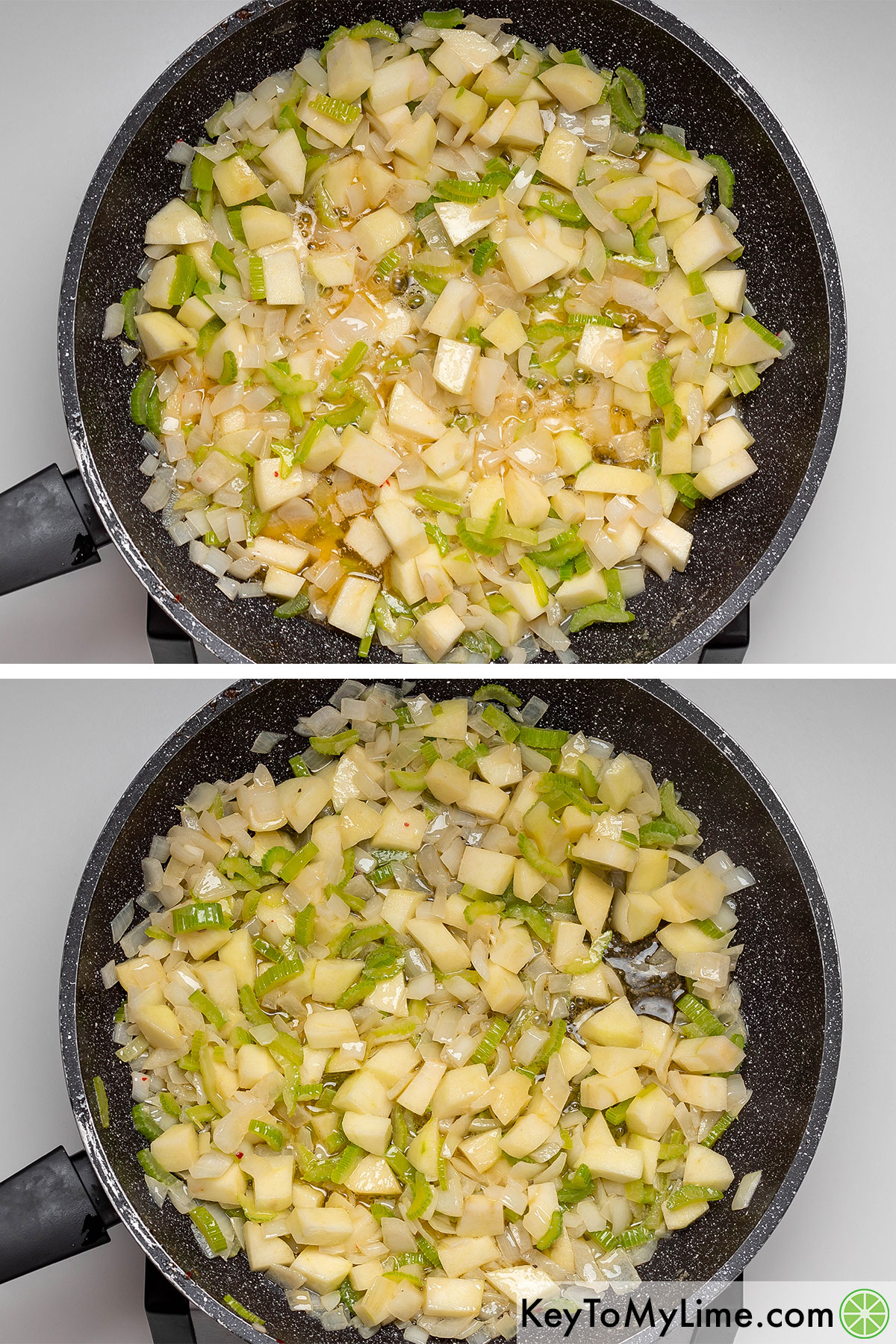 Sauteing the vegetables then adding in cubed apples and cooking for another two minutes.