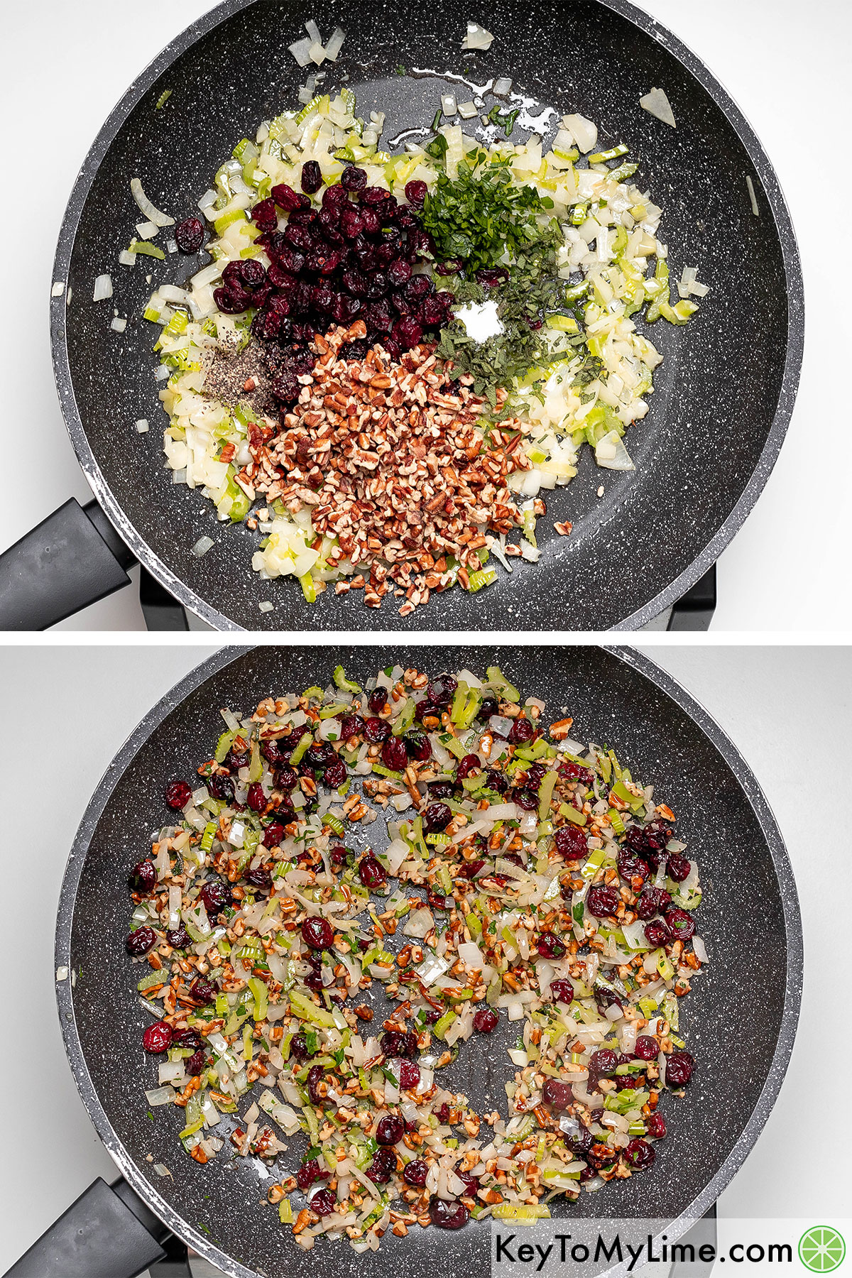 Sauteing the vegetables in a hot skillet then adding cranberries, pecans, and fresh herbs to the pan.