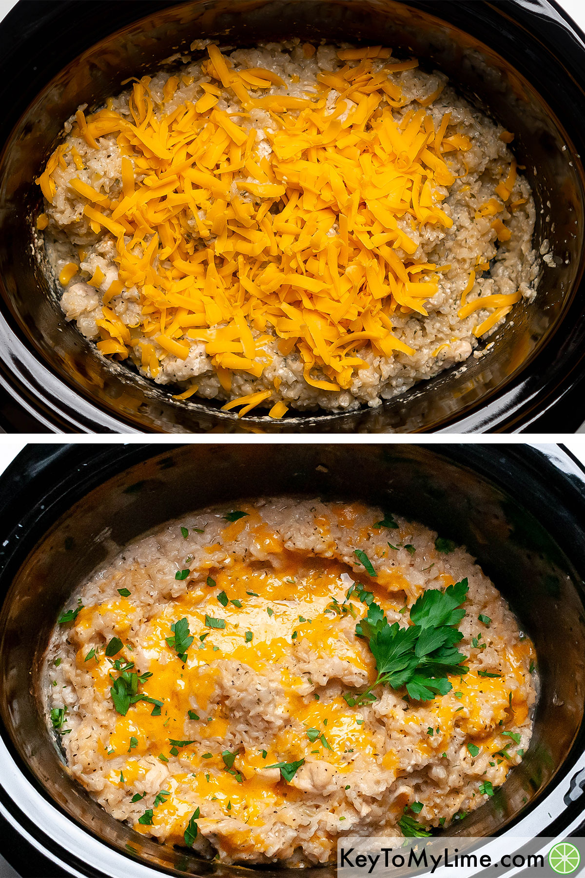 Sprinkling shredded cheese over top of the cooked chicken and rice dish and garnishing with parsley once melted.