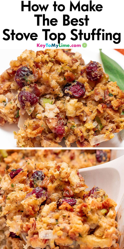 A Pinterest pin image with a picture of stove top stuffing directions with title text at the top.
