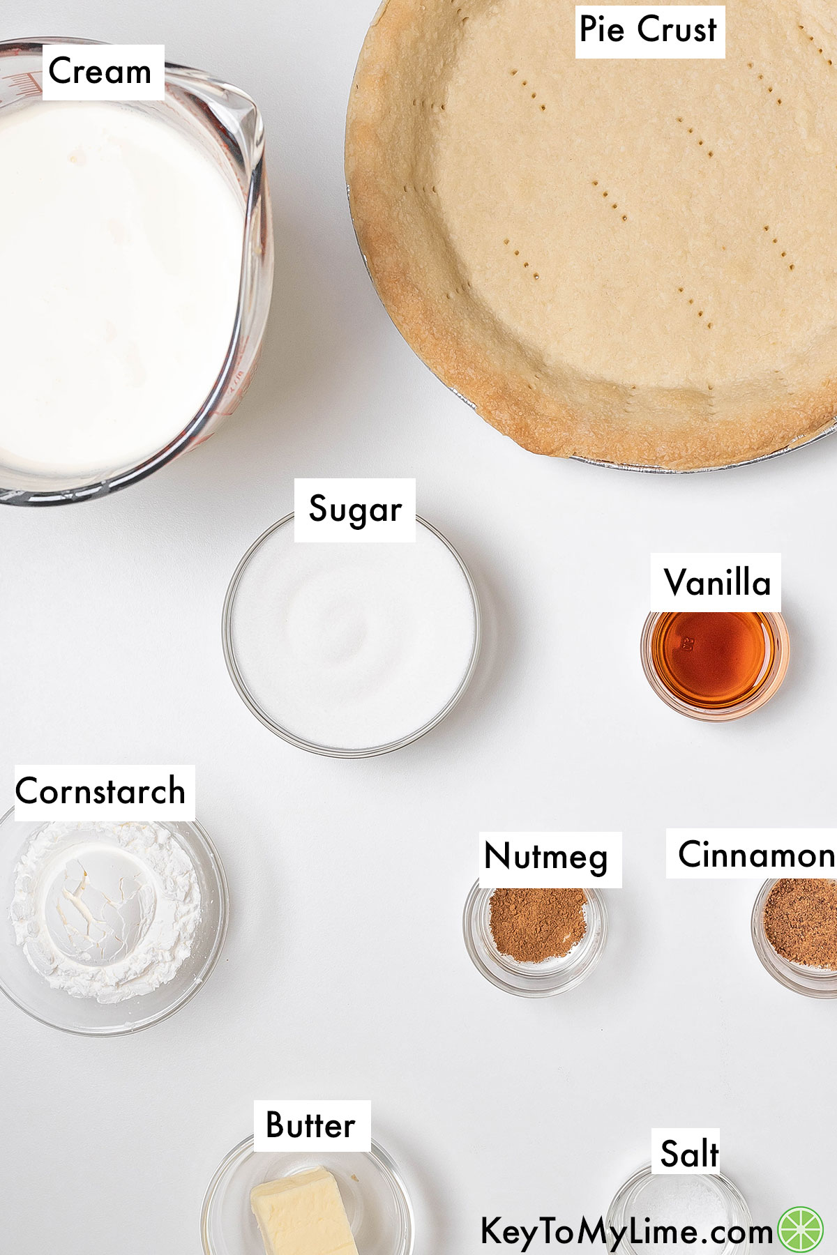 The labeled ingredients for sugar cream pie.