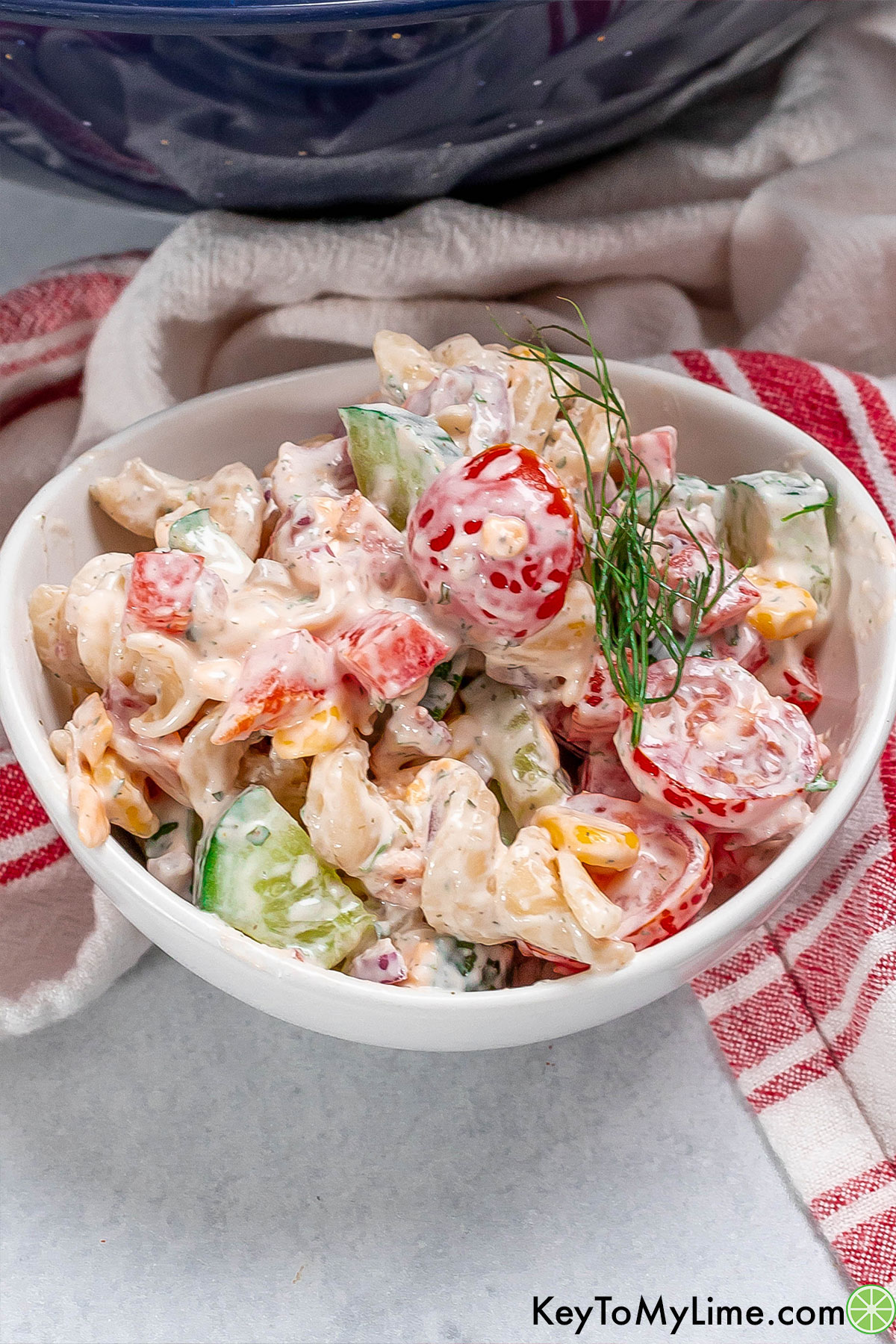 A creamy pasta salad dish garnished with fresh dill on top of a red napkin.