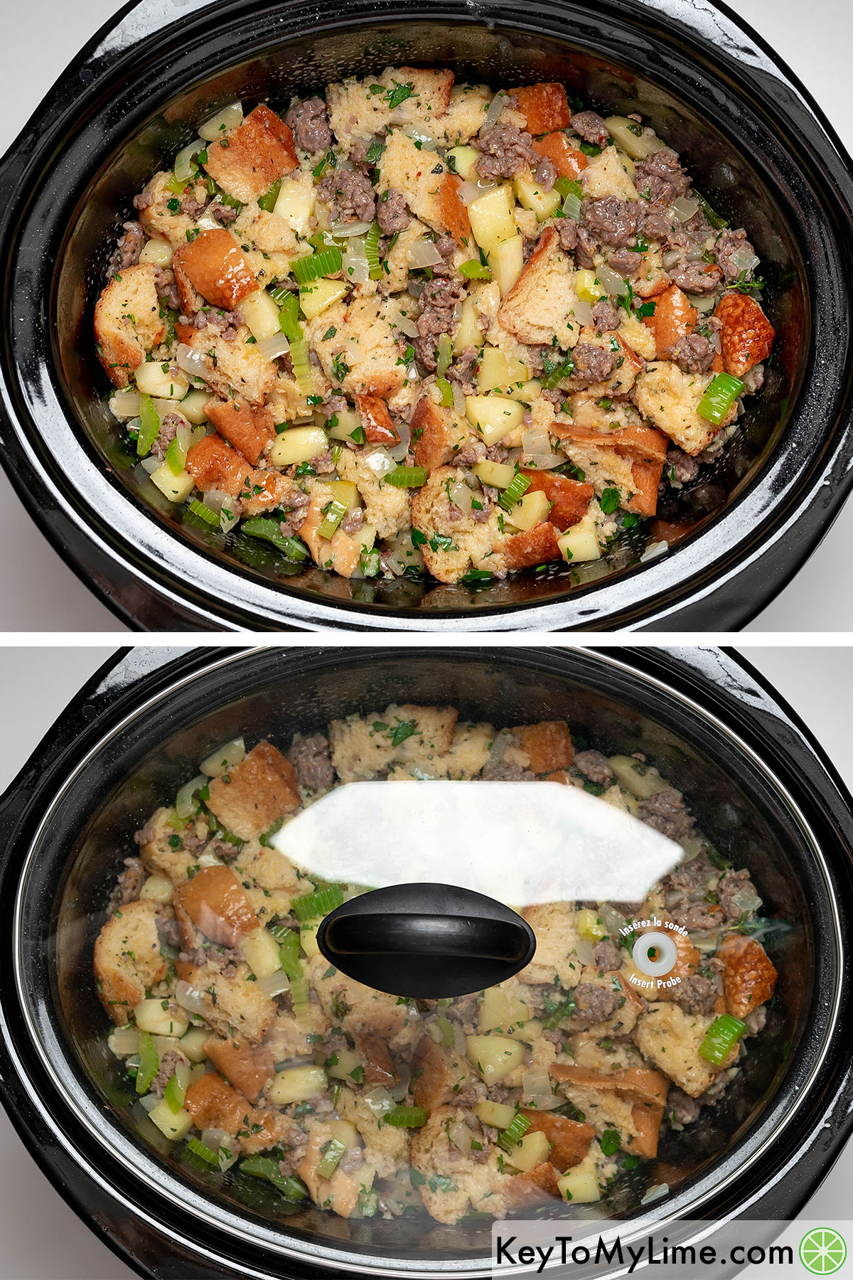 Transferring the stuffing mixture to a 6 quart crock pot and covering with a lid.