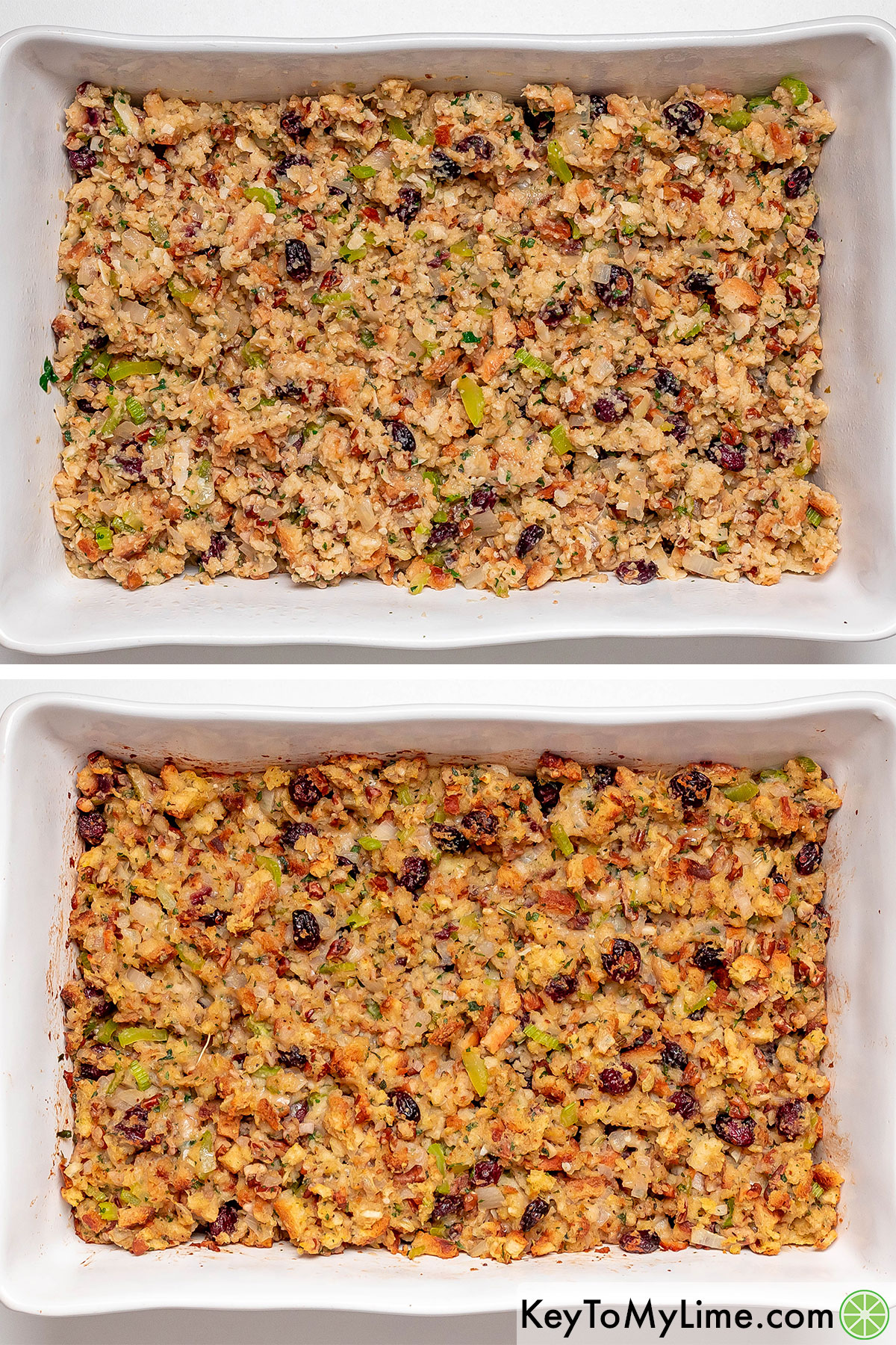 Before and after baking the stuffing in a casserole dish in the oven.