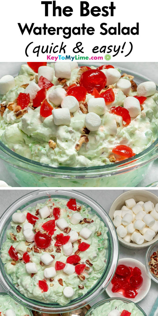 A Pinterest pin image with a picture of watergate salad, with title text at the top.