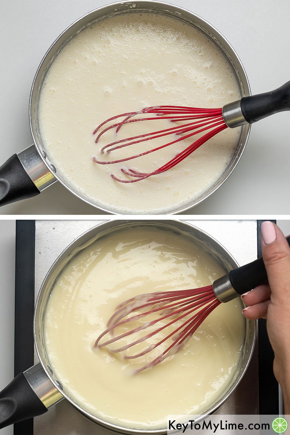 Whisking together cream, sugar, cornstarch and salt in a saucepan.