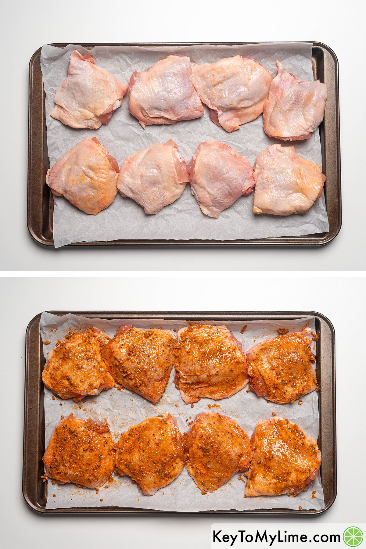 Placing the raw chicken thighs on a lined backing cheese and brushing on the homemade ranch dressing.