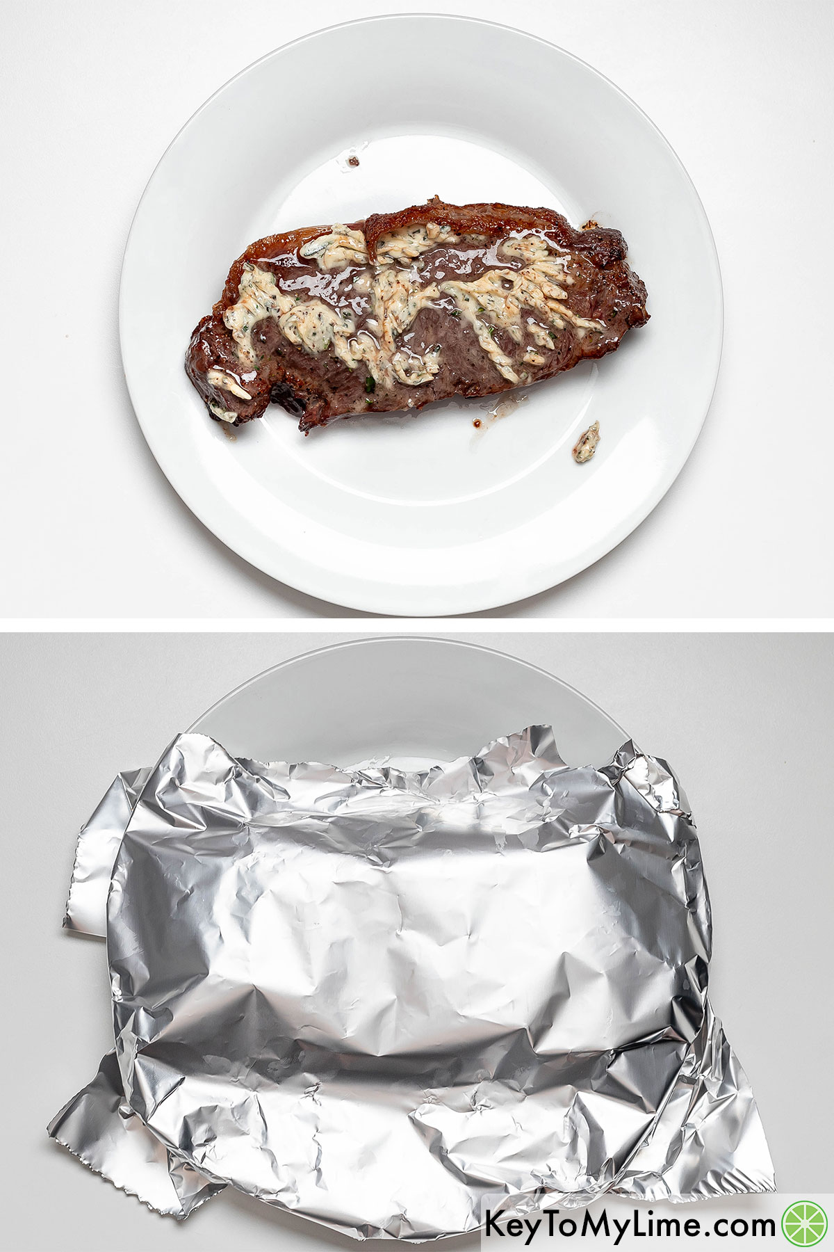 Adding the butter mixture to both sides of the cooked steak and resting under tented aluminum.