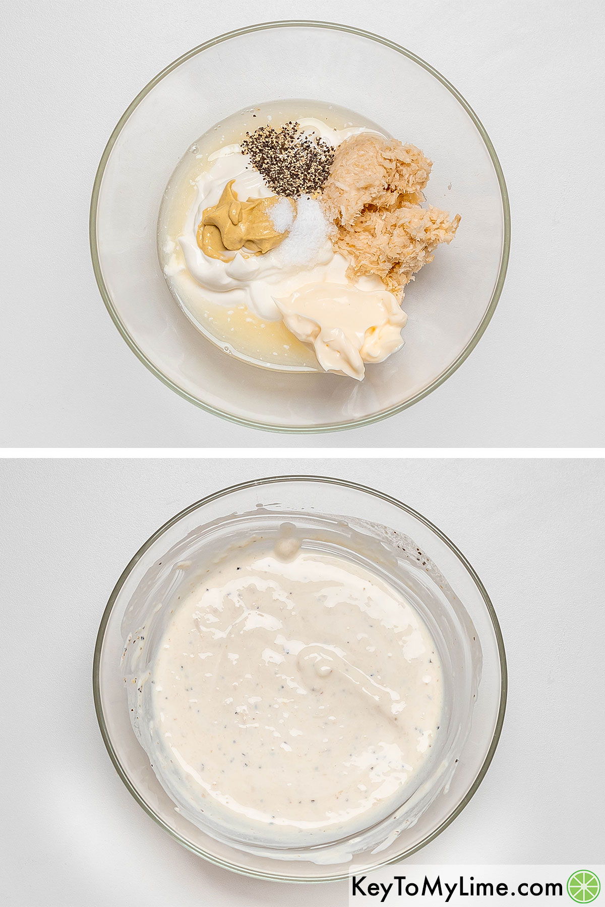 Adding mayonnaise, sour cream, Dijon mustard and horseradish to a small mixing bowl and whisking together.