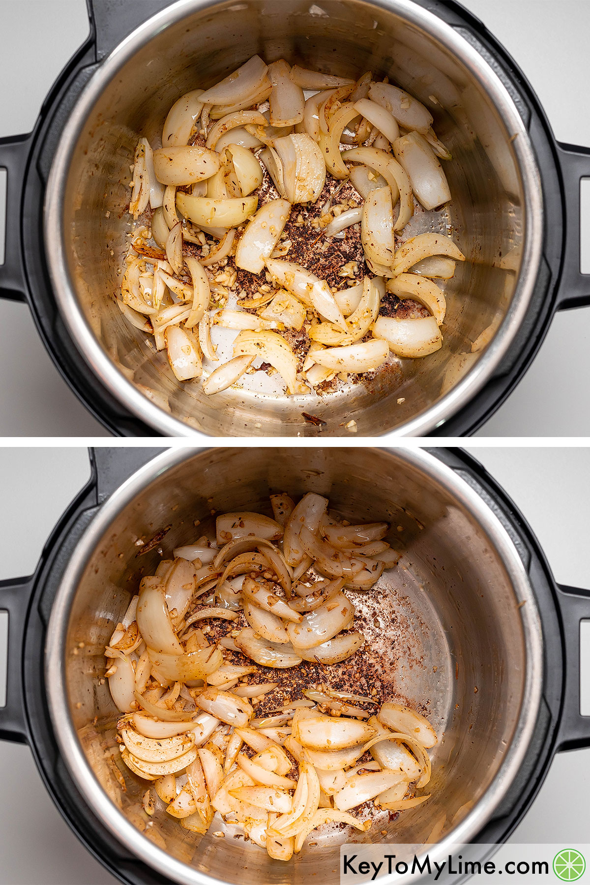 Adding onions and garlic to the hot Instant Pot insert and sauteing until softened.
