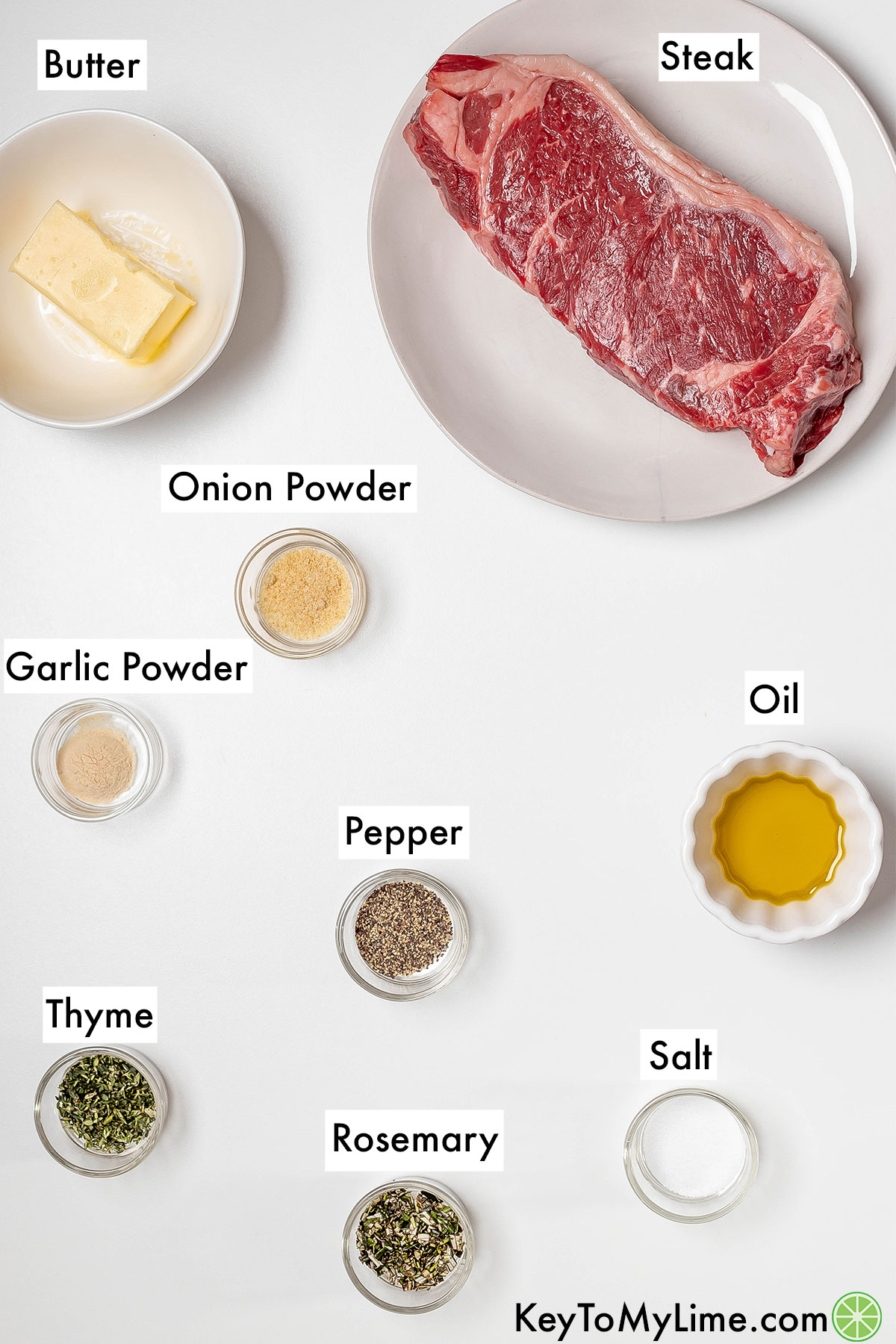 The labeled ingredients for air fryer steak.