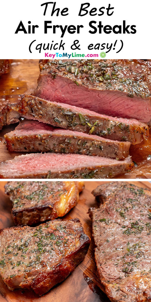 A Pinterest pin image with a picture of air fryer steak with title text at the top.