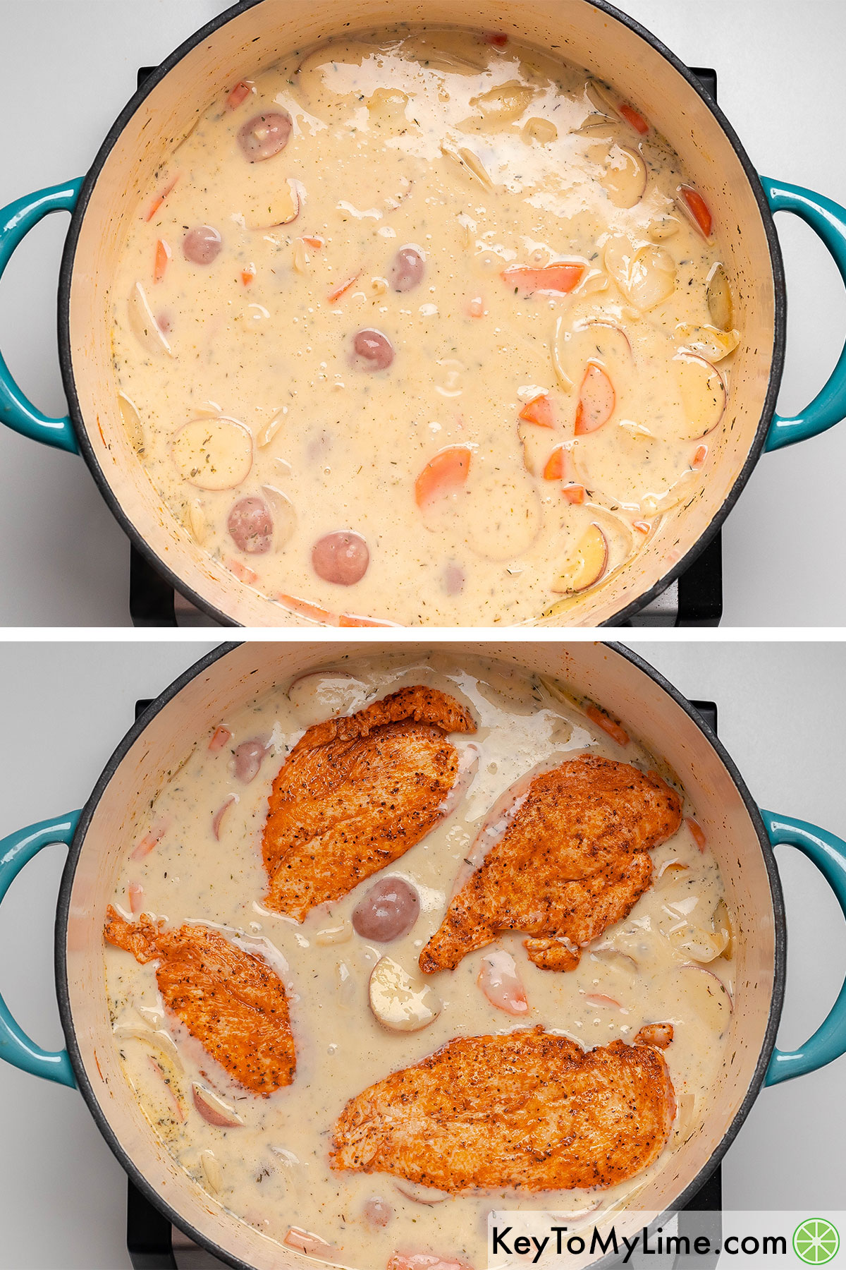 Bringing the creamy mixture to a gentle boil for five minutes then adding in the seared chicken filets.