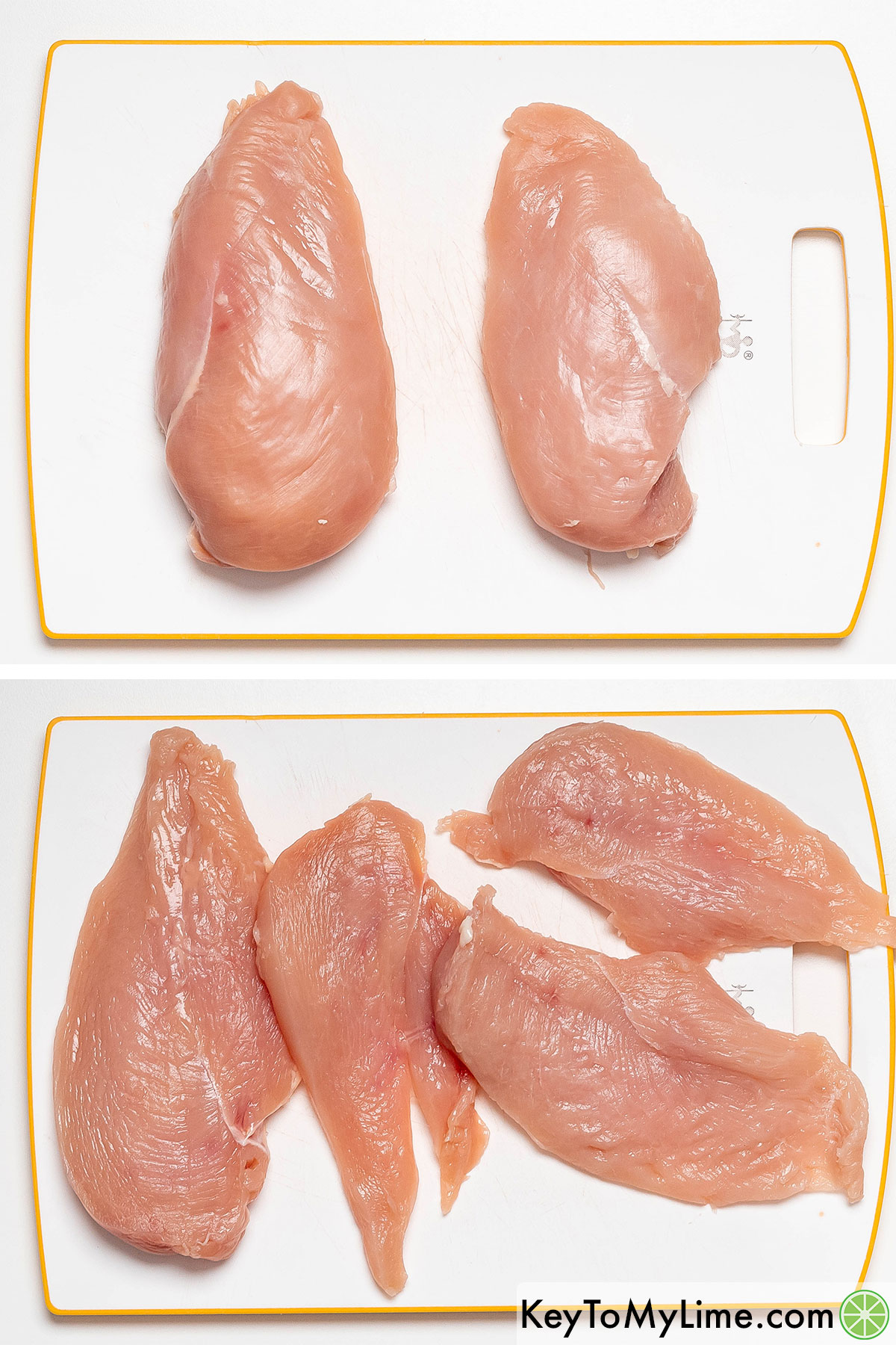 Butterflying the chicken breast into four filets.
