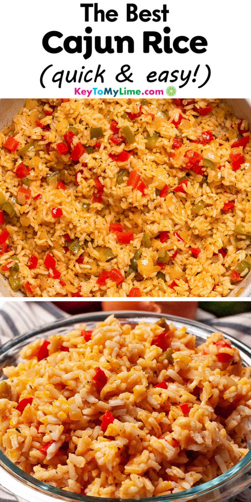 A Pinterest pin image with a picture of Cajun rice with title text at the top.