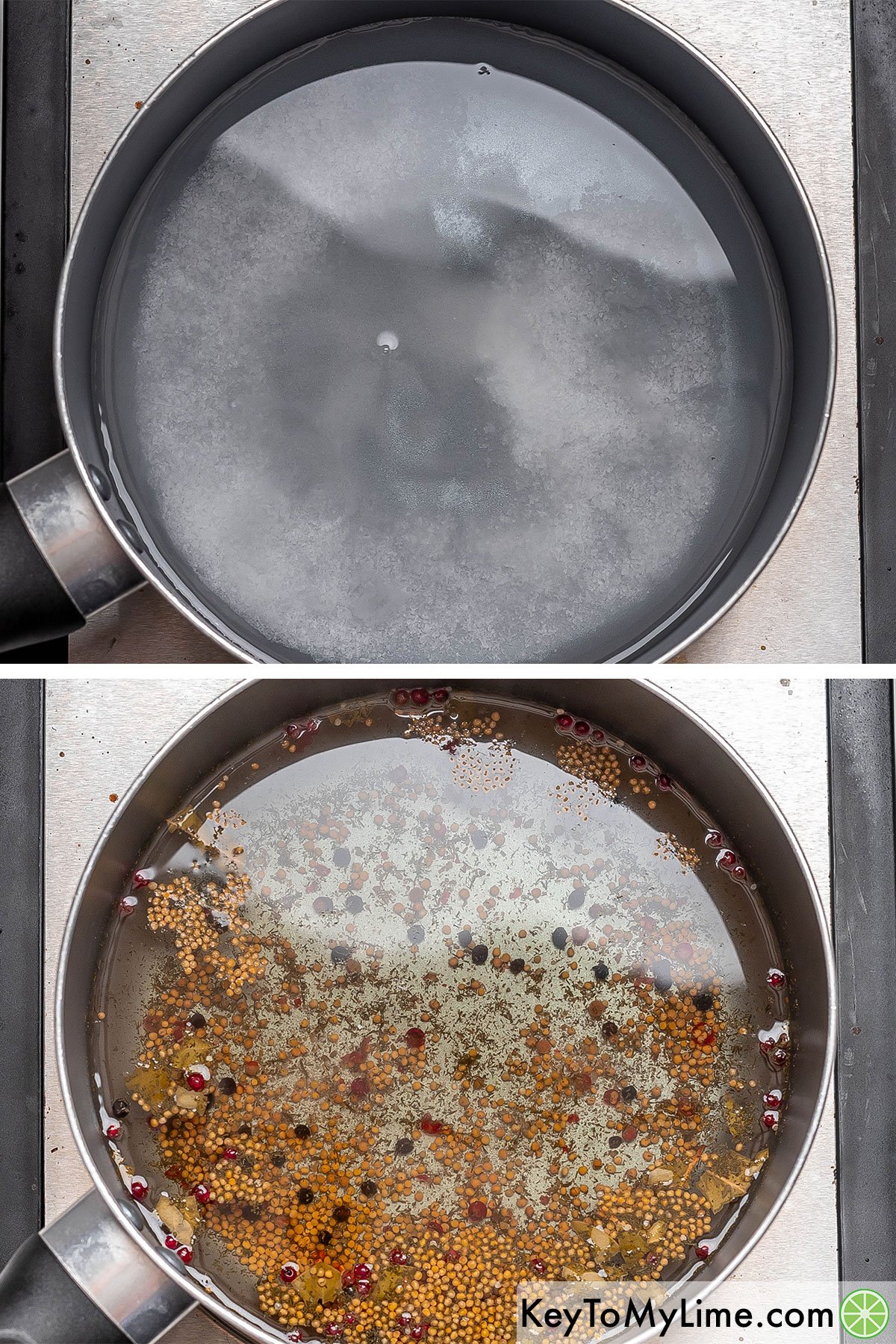 Dissolving sugar and salt in a heated sauce pan with vinegar, water then adding the peppercorn mixture.