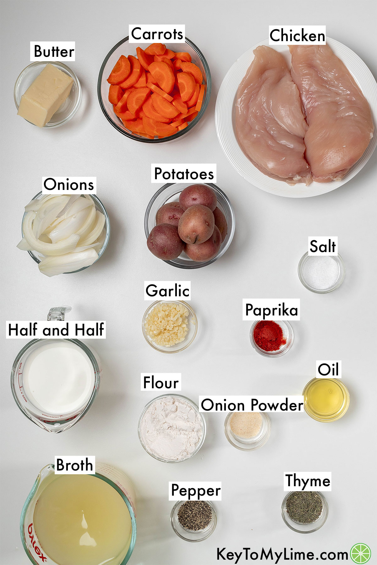 The labeled ingredients for Dutch oven chicken breast.