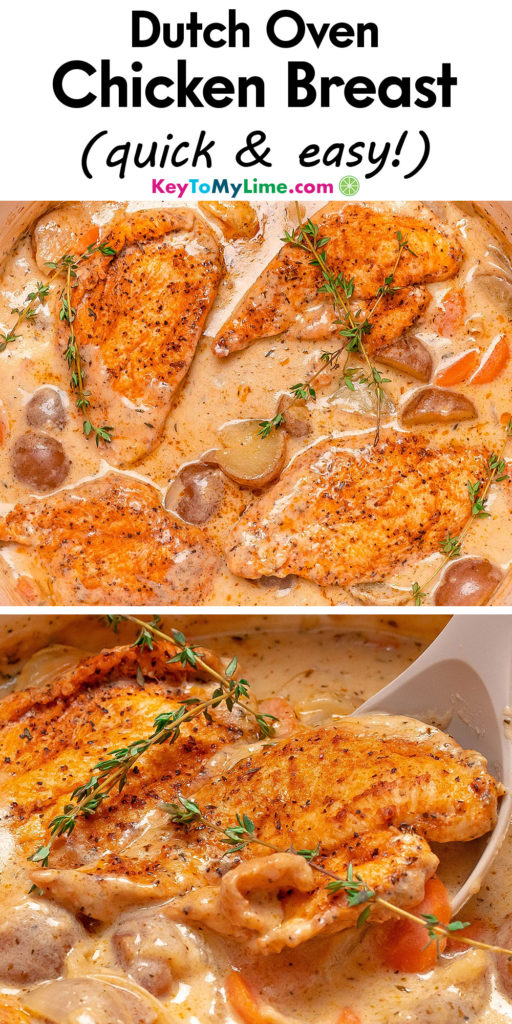 A Pinterest pin image with a picture of Dutch oven chicken breast with title text at the top.