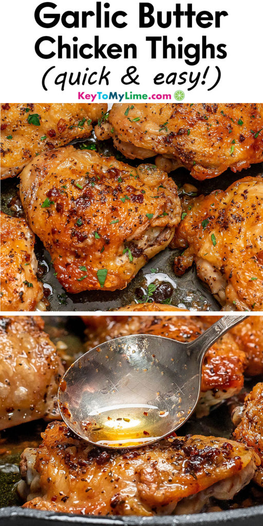 A Pinterest pin image with a picture of garlic butter chicken thighs with title text at the top.