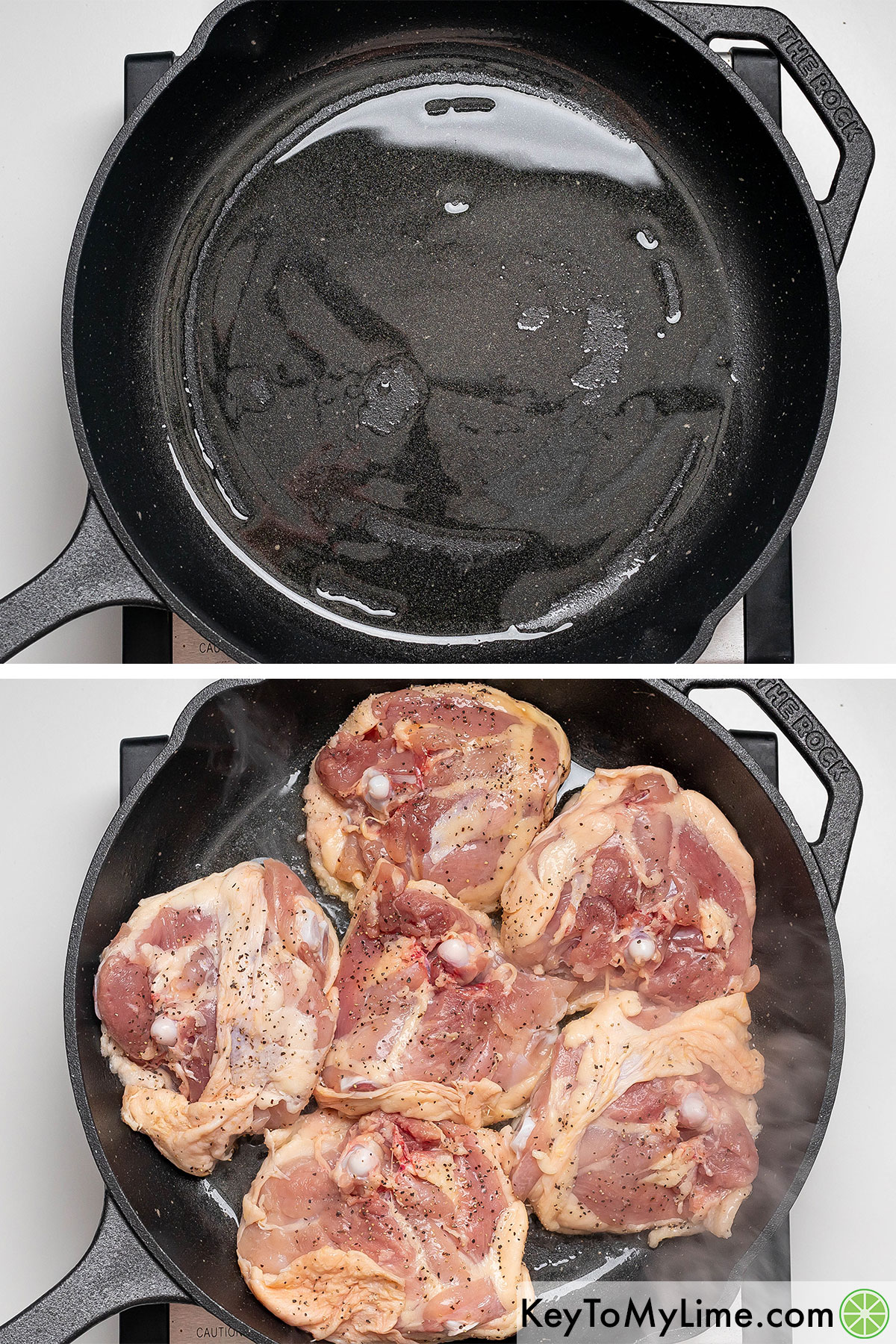 Heating oil in a cast iron skillet then once hot adding raw chicken thighs skin side down.