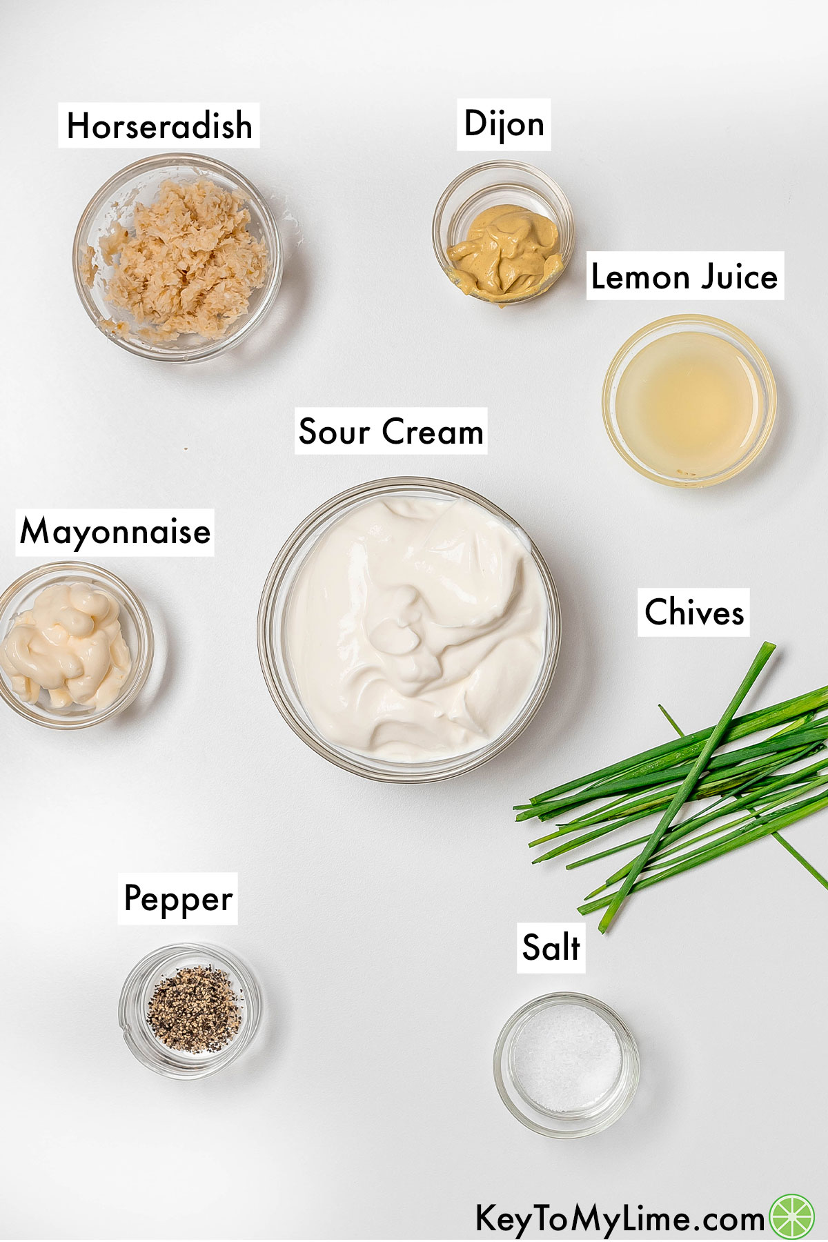 The labeled ingredients for horseradish sauce.