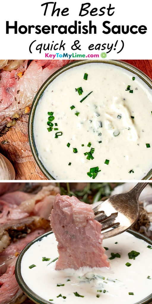 A Pinterest pin image with a picture of horseradish sauce with title text at the top.