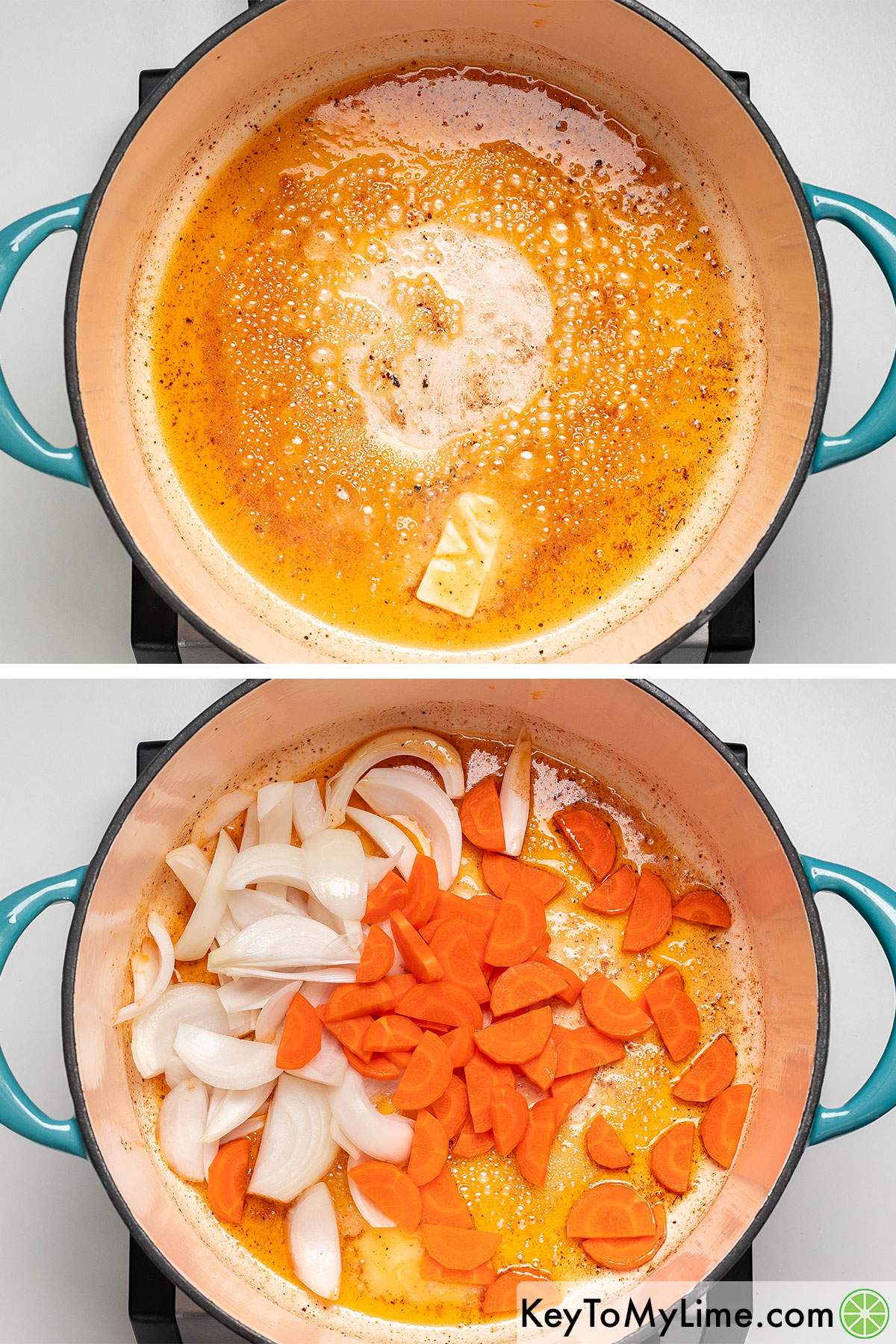 Melting butter in the Dutch oven then adding in carrots and onions.