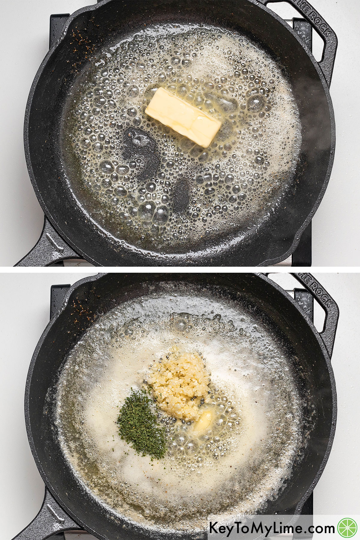 Melting butter in a hot skillet then mixing in garlic and parsley.