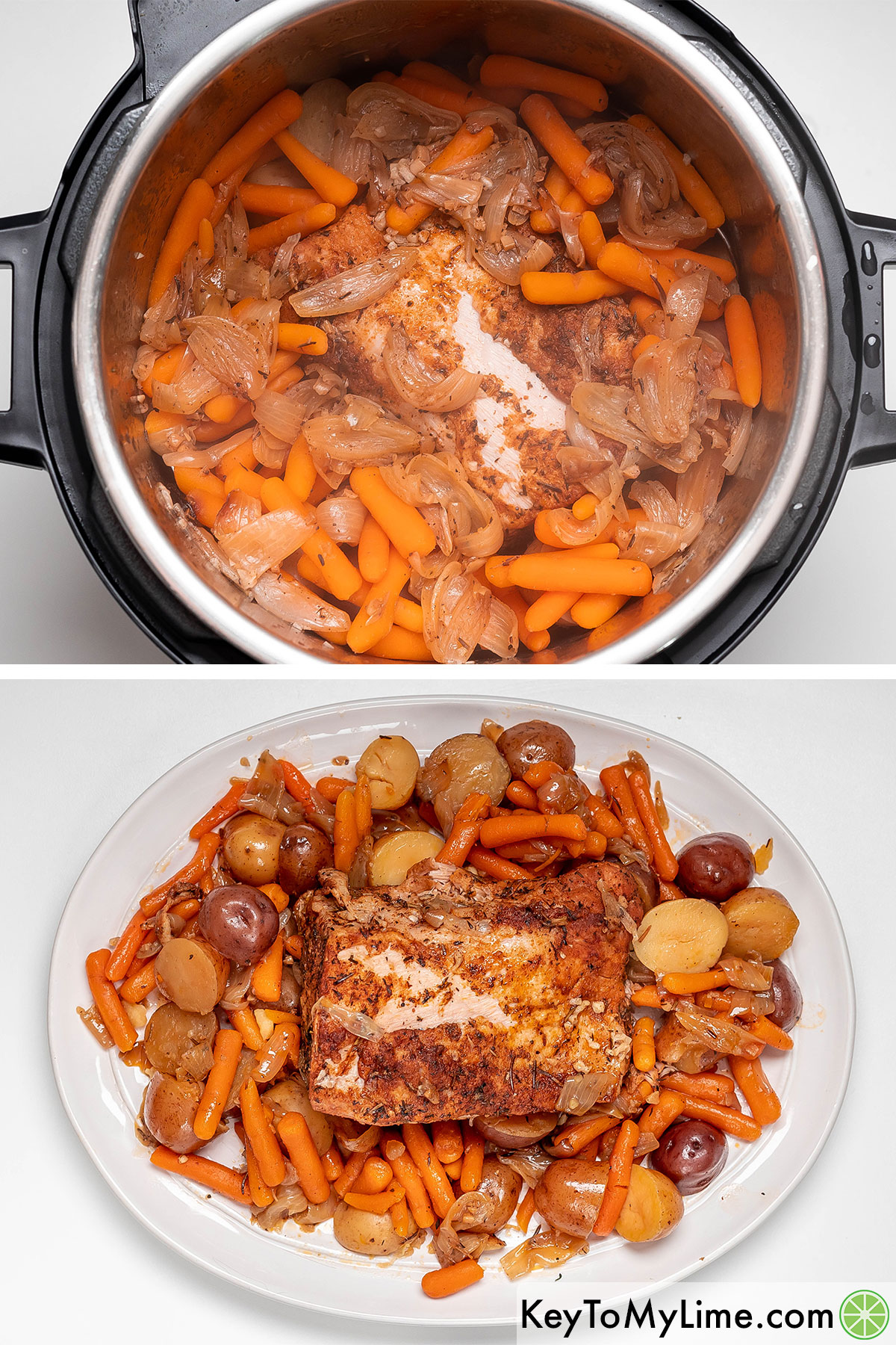 Removing the loin and vegetables from the instant pot and transferring to a large serving plate to cover.