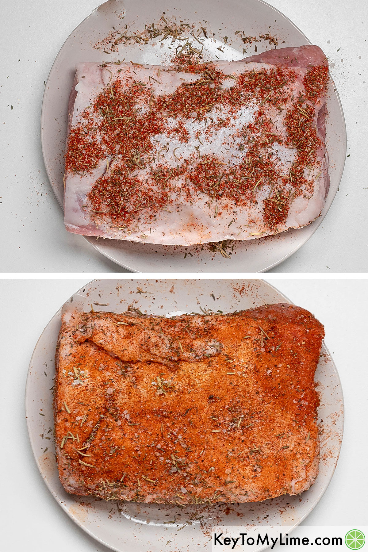 Sprinkling the dry rub mixture evenly over the dry pork loin and rubbing in as you go.