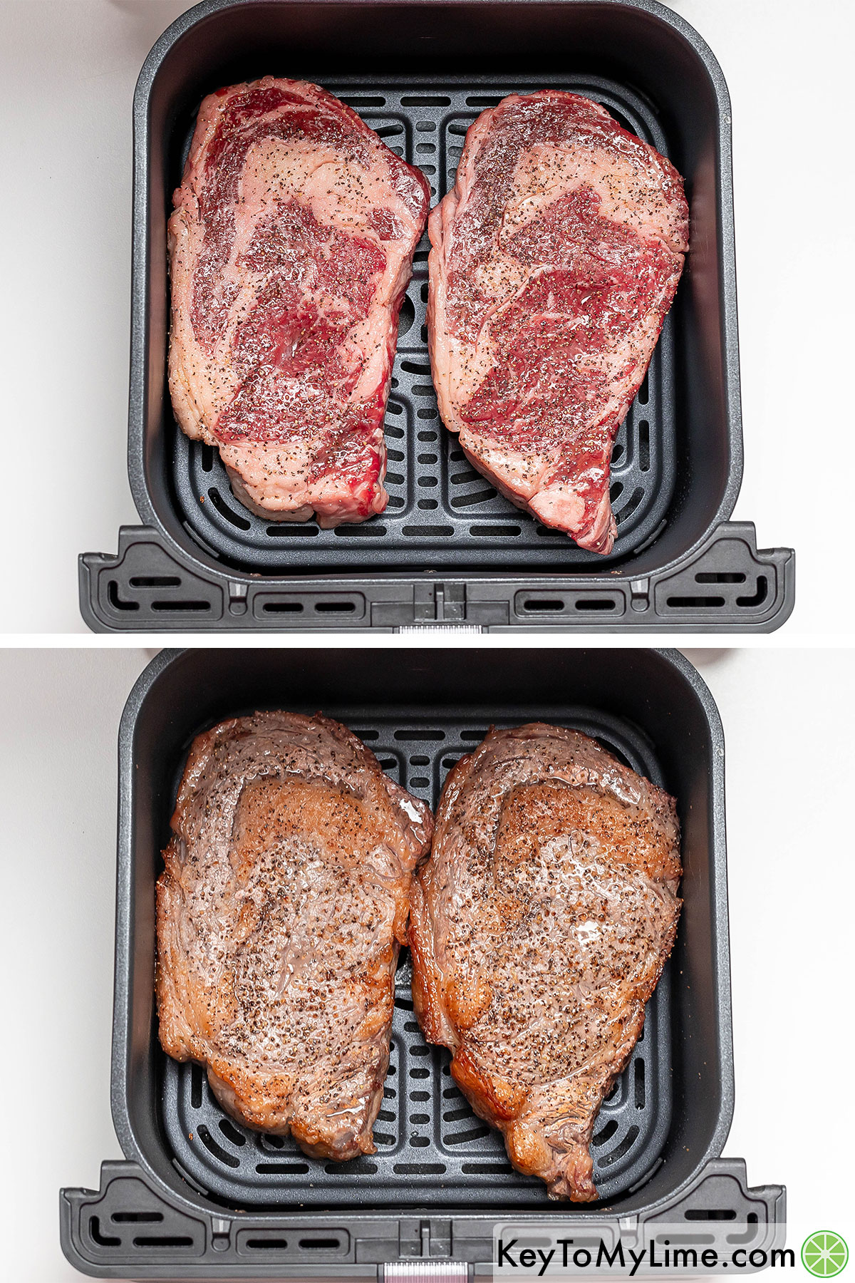 Placing the seasoned steaks in an air fryer basket, then cooking half way before flipping.