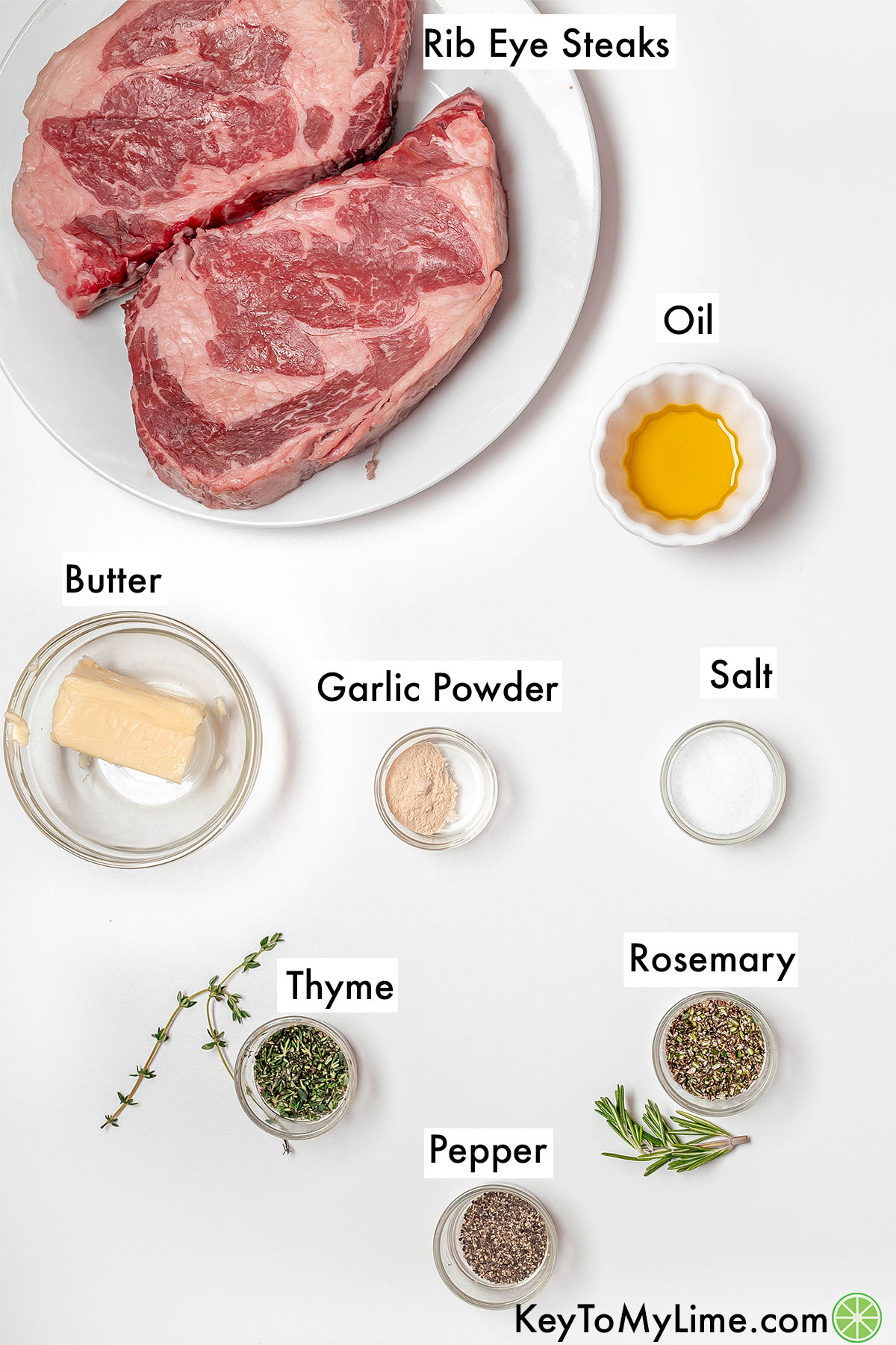 The labeled ingredients for air fryer ribeye recipe.