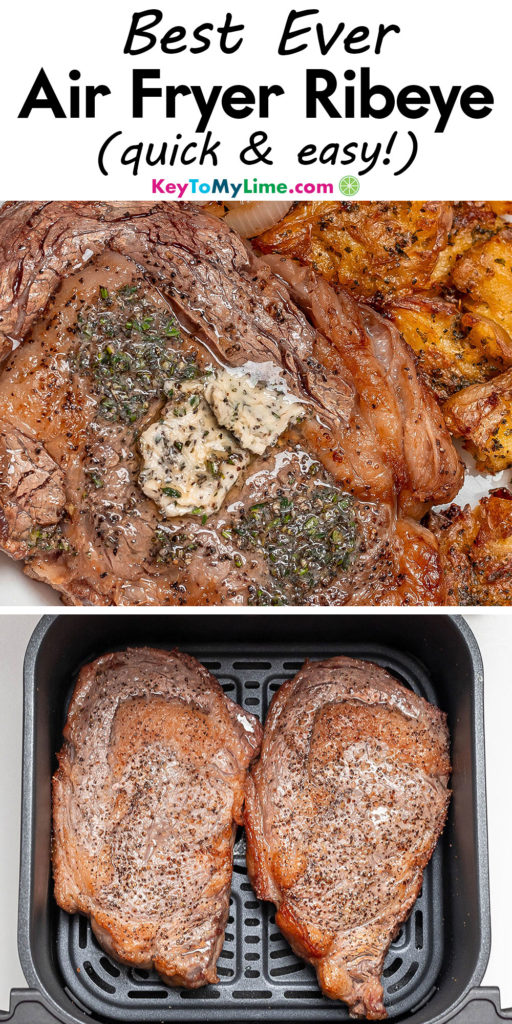 A Pinterest pin image with a picture of air fryer ribeye with title text at the top.