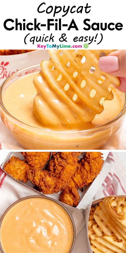 A Pinterest pin image with a picture of Chick Fil A sauce with title text at the top.