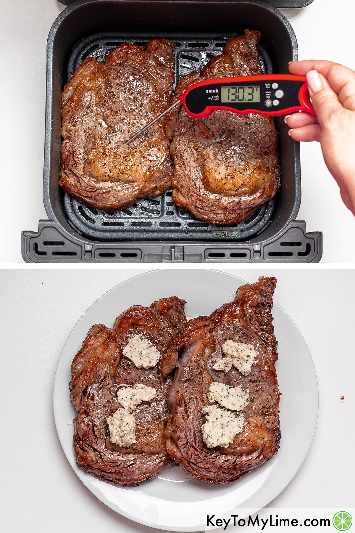 Removing the steaks from the air fryer once cooked, and then covering with herb and garlic butter.