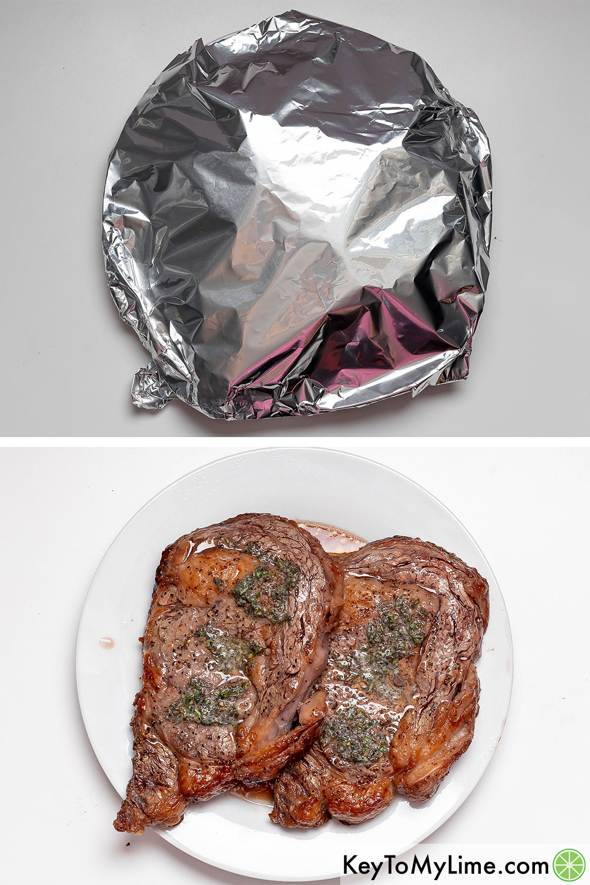 Tenting the cooked steaks with aluminum foil and resting.